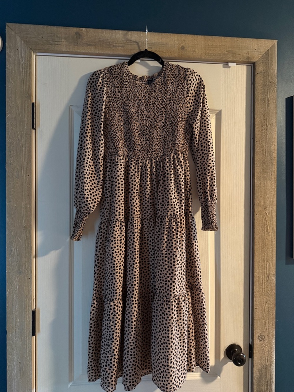SHEIN Beige Long Sleeve Tiered Midi Dress with Black Spot Print